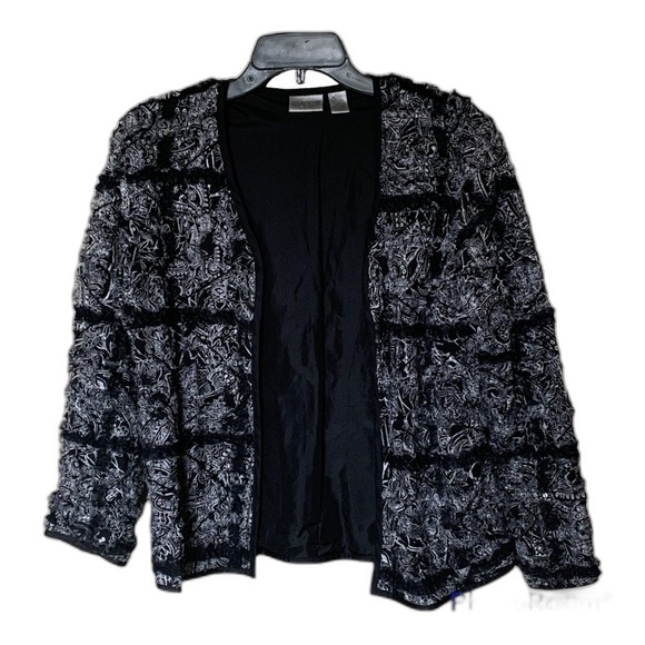 Chico’s Black and White Froo Froo Interlude Silk Blend Jacket - Size 0 or 4/S - Picture 1 of 9